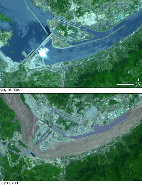Three Gorges Dam; Yiling, China; Before and After Images of Dam Construction.