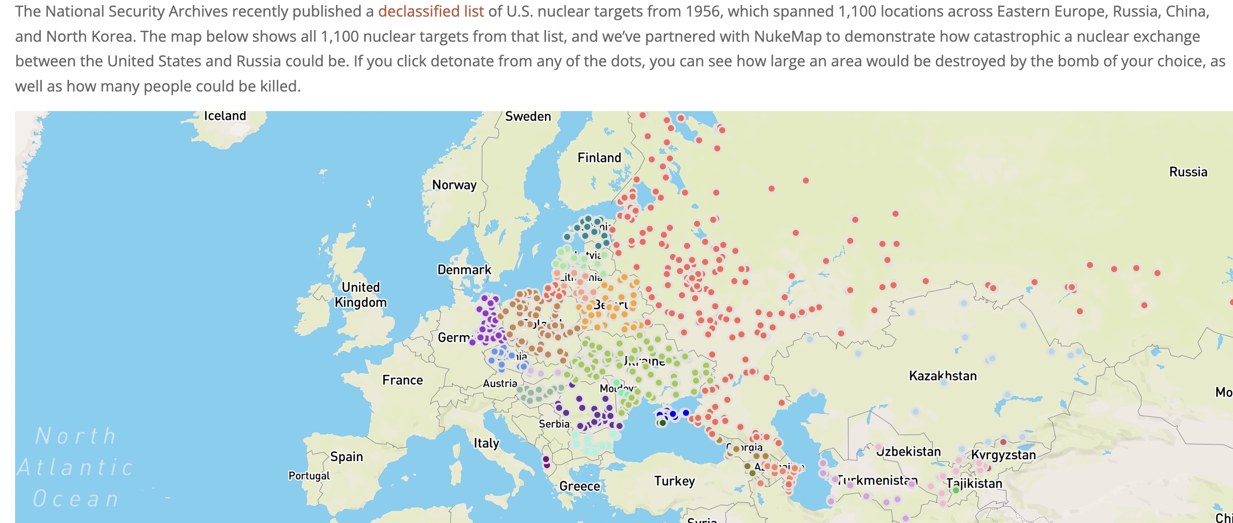 Shows the target nuclear strikes as dots. There are multiple in almost every country east of Germany.