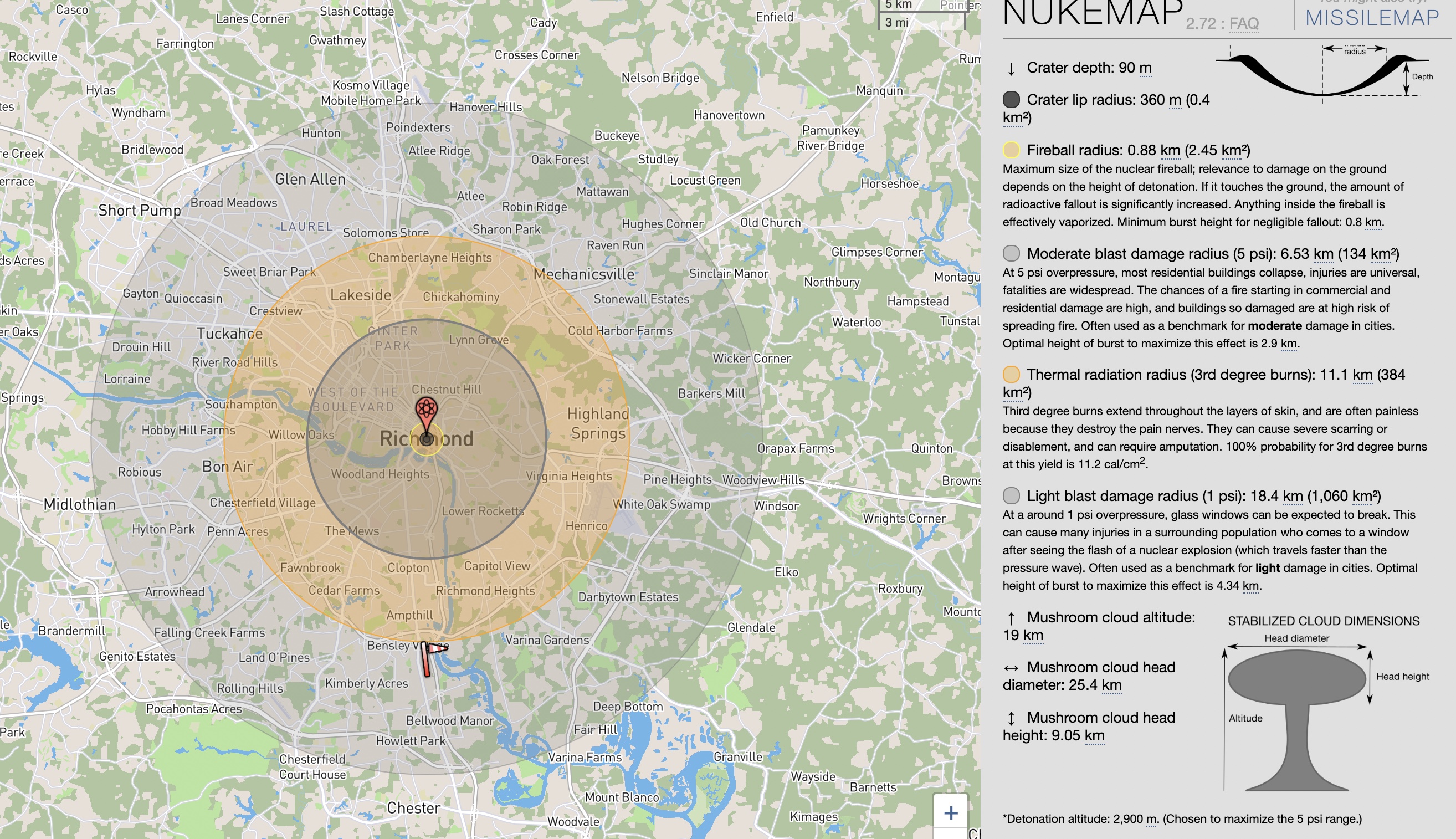 Screenshot of NUKEMAP, shows the damage that an 800kt bomb would do if dropped on Richmond, VA. 