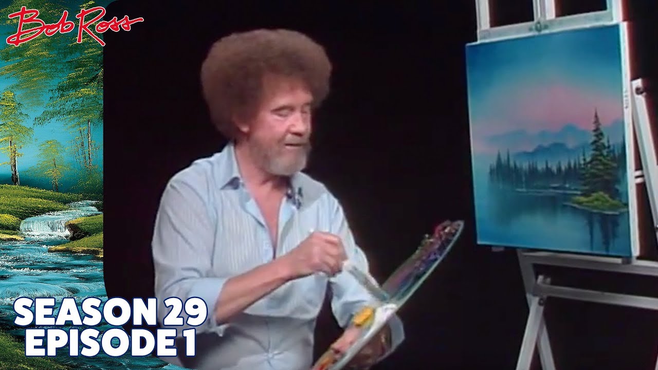 Bob Ross painting an portrait of a sunset and some happy trees.