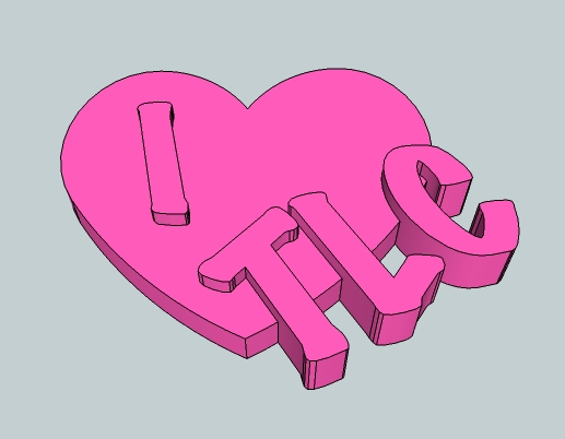 SketchUp rendering of a 3-dimensional pink heart with embossed letters "I" and "TLC" in pink 