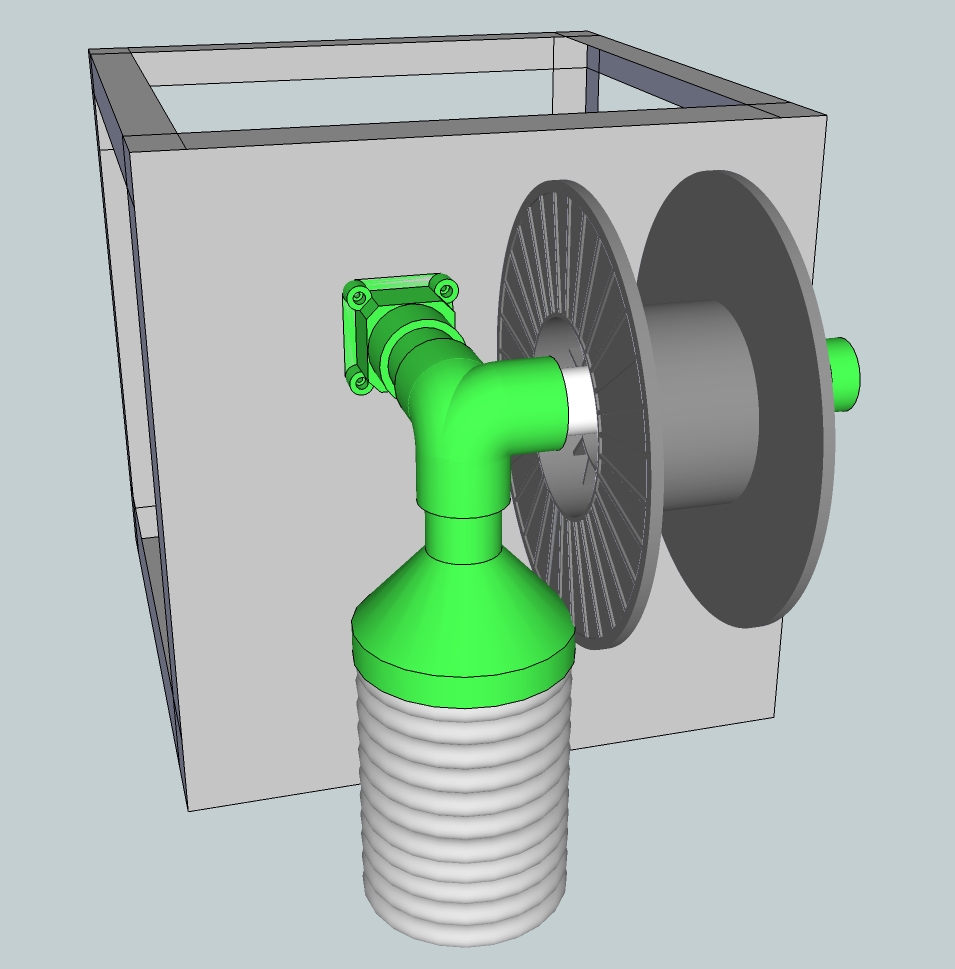 exhaust design showing back of Solidoodle 3 printer with custom-designed and printed PVC fittings and tube to connect to a 4-inch exhaust hose yet retaining the functionality of a spool mount for the ABS plastic.