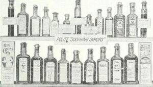 Rows of patent medicines on the shelf.