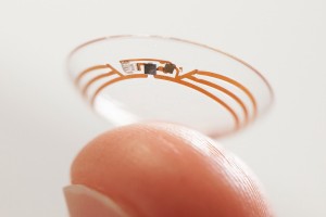 A small sensor and a wireless chip placed between two soft contact lenses 