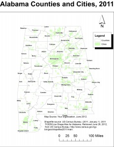 State Map of Alabama with green area representing the size of major cities.