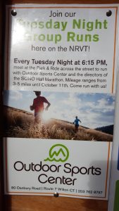 Local businesses promote a sense of community by asking residents to "come run with us!"