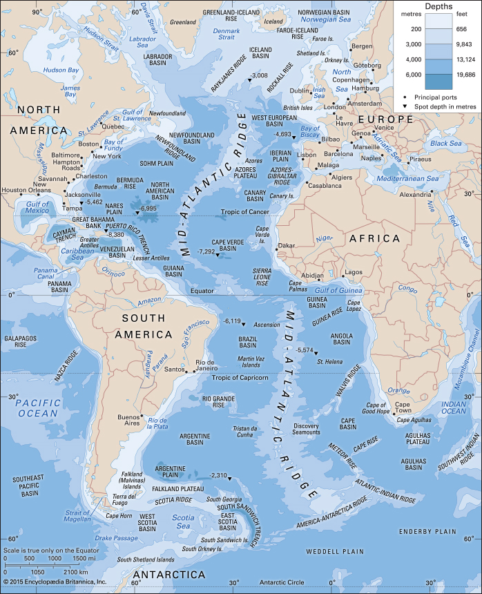 Atlantic Ocean Topography Map With Depths 