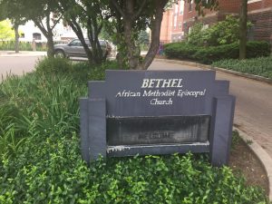 Obviously worn welcome sign, Bethel AME Church