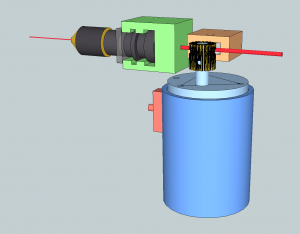 SketchUp drawing of idea for a 3D printing tool - there is a hotend, hotend mounting bracket, motor, motor spindle, and idler bearing in the drawing.