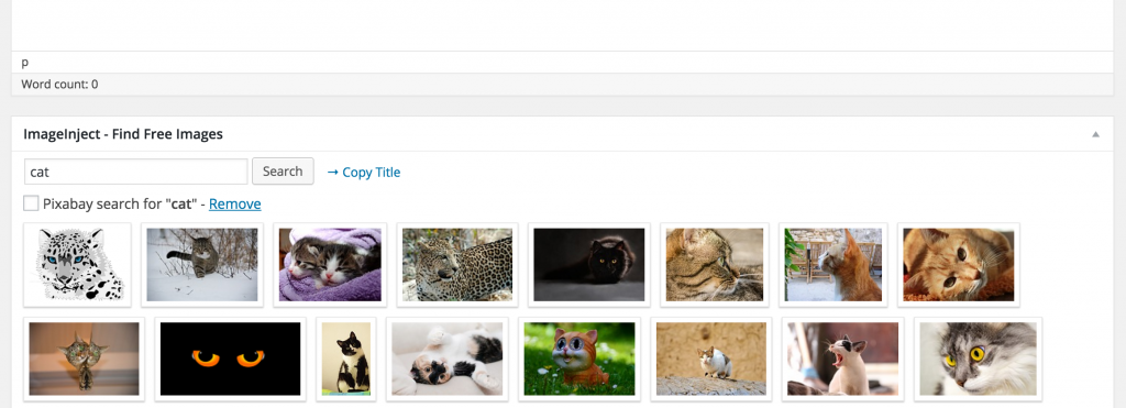 The ImageInject search interface can be found below the post or page editor window.
